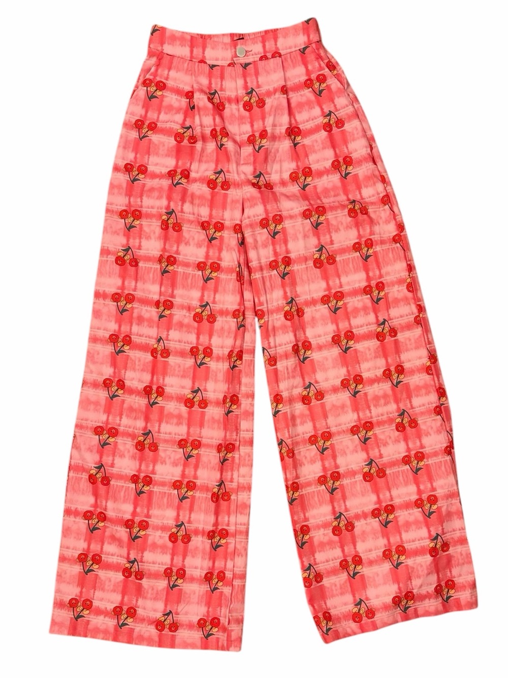 Ladies Pink Cherry Print Wide-Leg Pants
